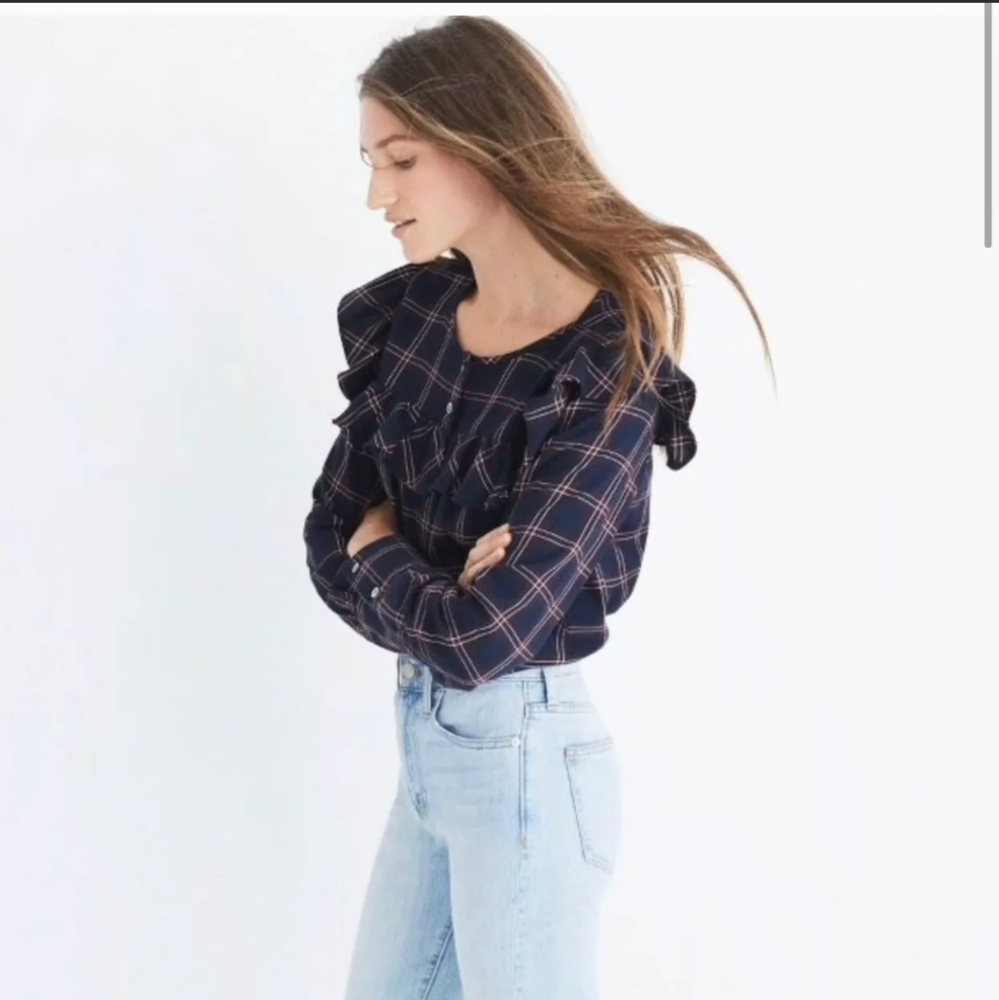 Madewell Ruffle Button Down Plaid Longsleeve Top - image 2
